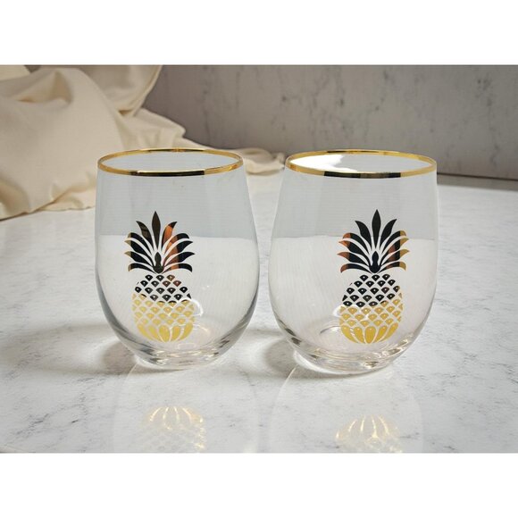 vintage gold trim golden pineapple stemless Highball glasses - Picture 6 of 9